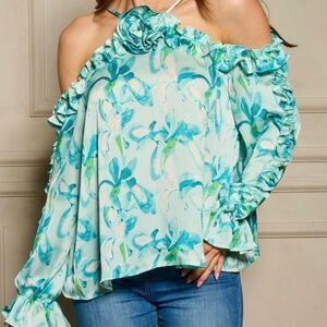 WOMEN'S LONG SLEEVE OFF SHOULDER RUFFLE FLORAL BLOUSE TOP